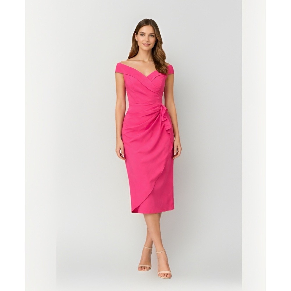 Hot Pink Off Shoulder Wrap Dress Midi Knee Length Ruffle Side Tie Party Cocktail